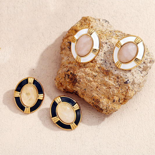 Oval Cross Natural Stone Earrings